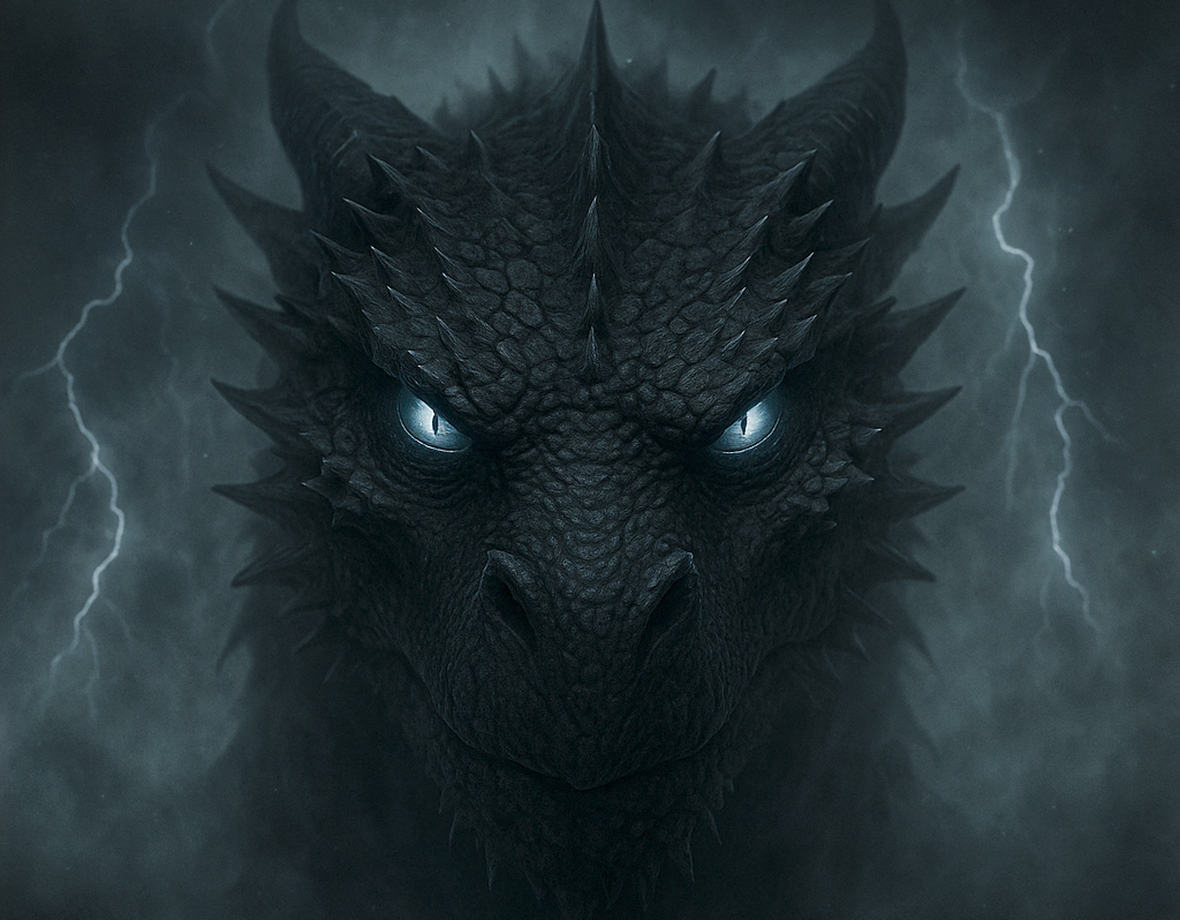 Vyraxas, a black dragon with storm-lit eyes, standing in mist and lightning